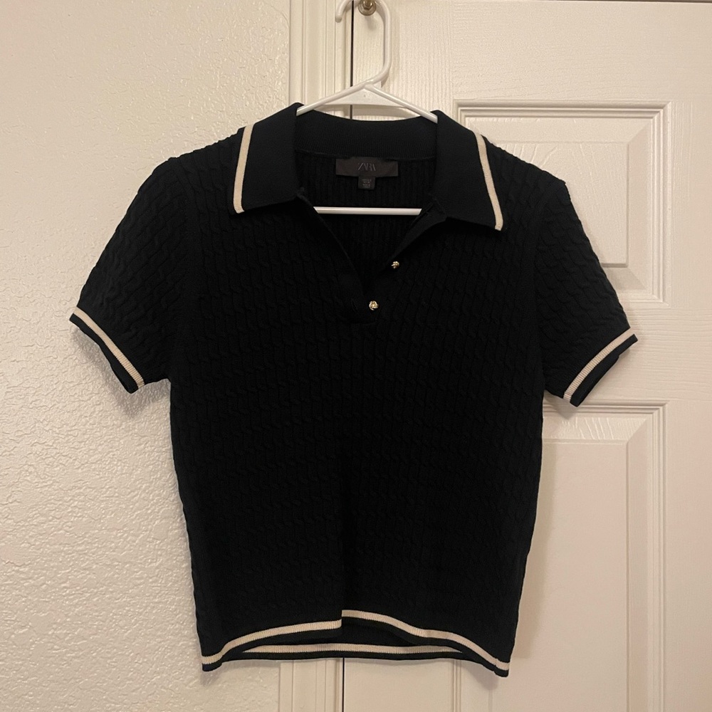 Zara Black Ribbed Knit Polo